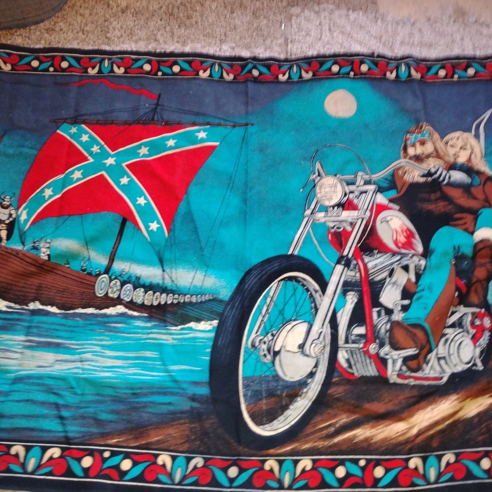 Vibrant Motorcycle and Viking Ship Tapestry